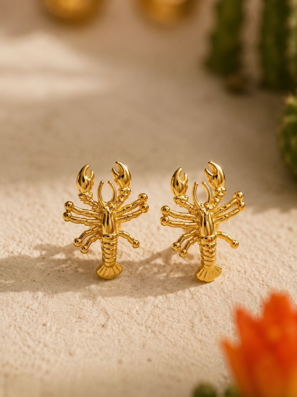 Shiny Gold tone Lobster Stud Earrings - Picture 2 of 5